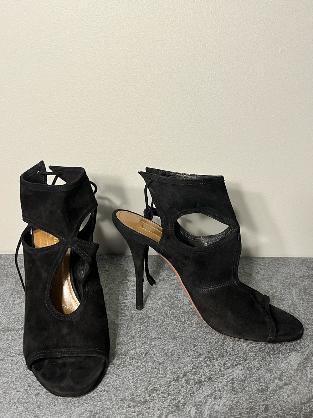 Aquazzura Firenze Black Suede Lace-Up High Heel Sandals